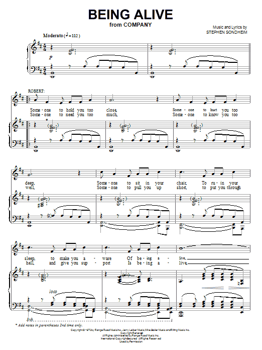 Stephen Sondheim Being Alive sheet music notes and chords. Download Printable PDF.