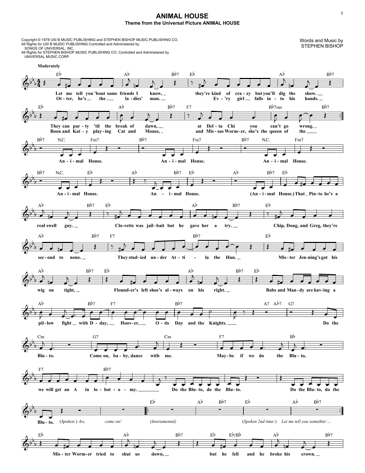Stephen Bishop Animal House sheet music notes and chords arranged for Lead Sheet / Fake Book