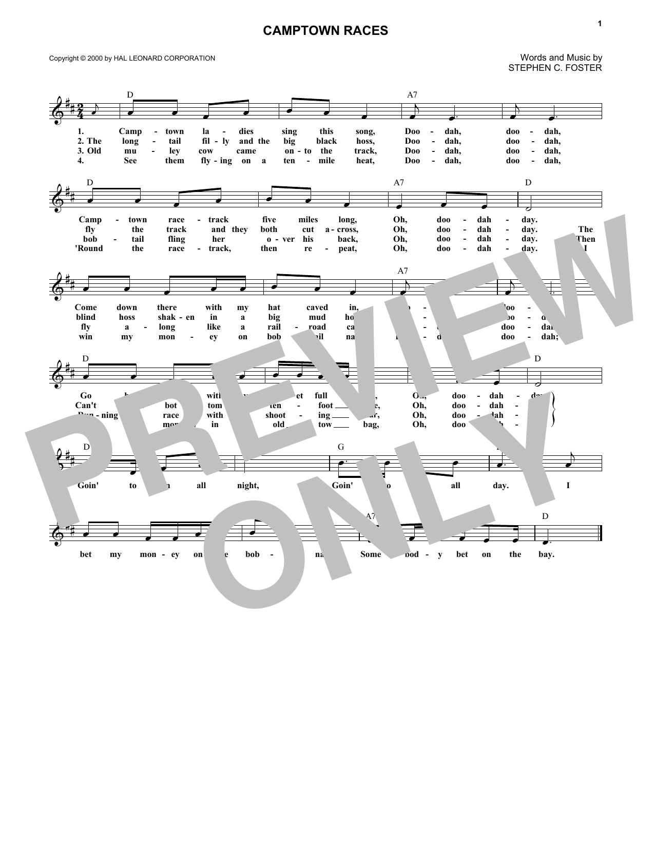 Stephen C. Foster Camptown Races sheet music notes and chords. Download Printable PDF.