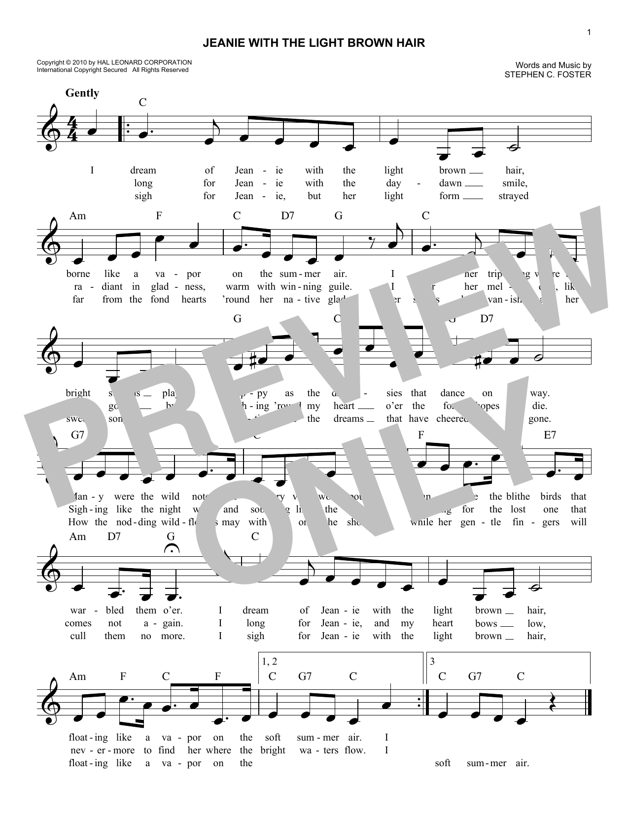 Stephen C. Foster Jeanie With The Light Brown Hair sheet music notes and chords. Download Printable PDF.