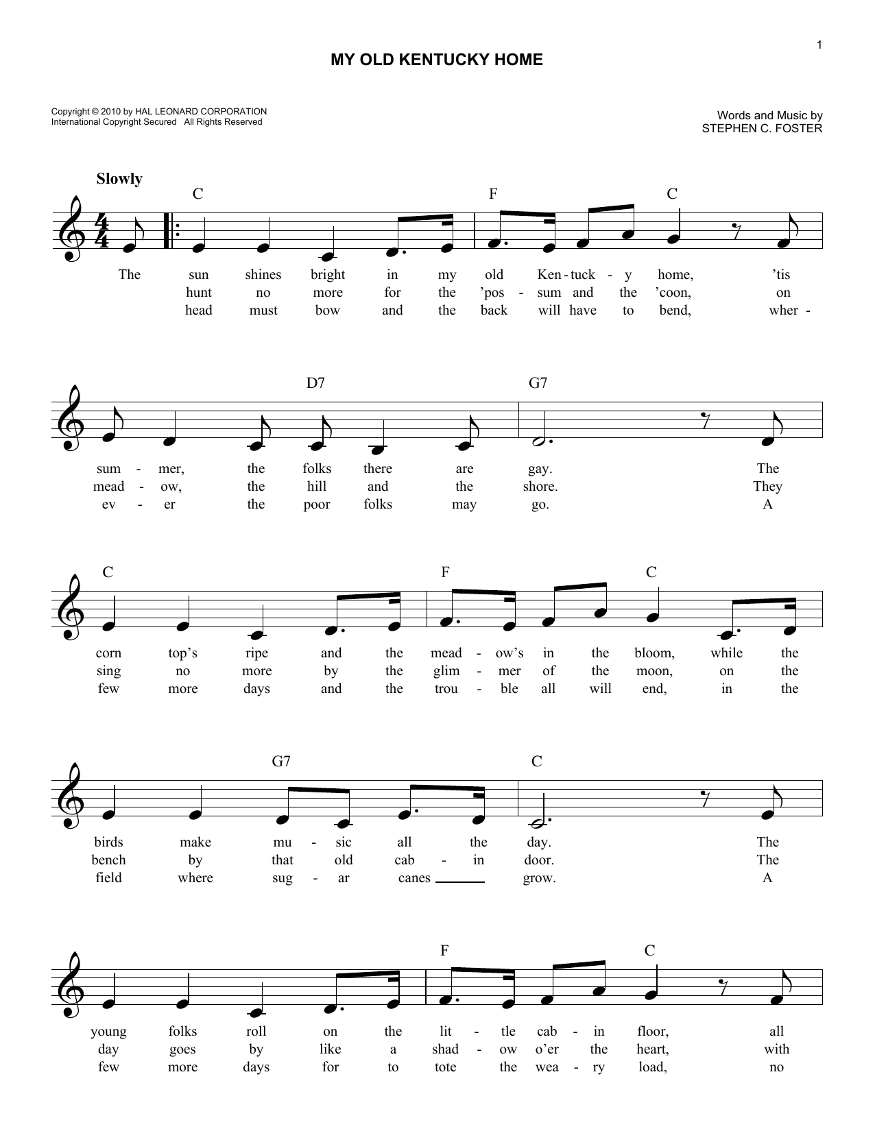 Stephen C Foster My Old Kentucky Home Sheet Music And Chords Easy Lead Sheet Fak Printable 