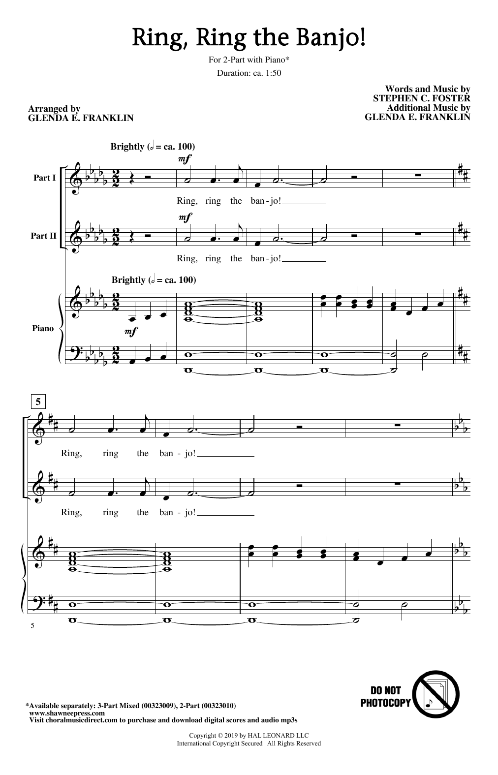 Learn to play Stephen C. Foster Ring, Ring The Banjo! (arr. Glenda E. Franklin) sheet music for 3-Part Mixed Choir in minutes. Price: 3.9900$ Stephen C. Foster Ring, Ring The Banjo! (arr. Glenda E. Franklin) sheet music notes and chords arranged for 3-Part Mixed Choir