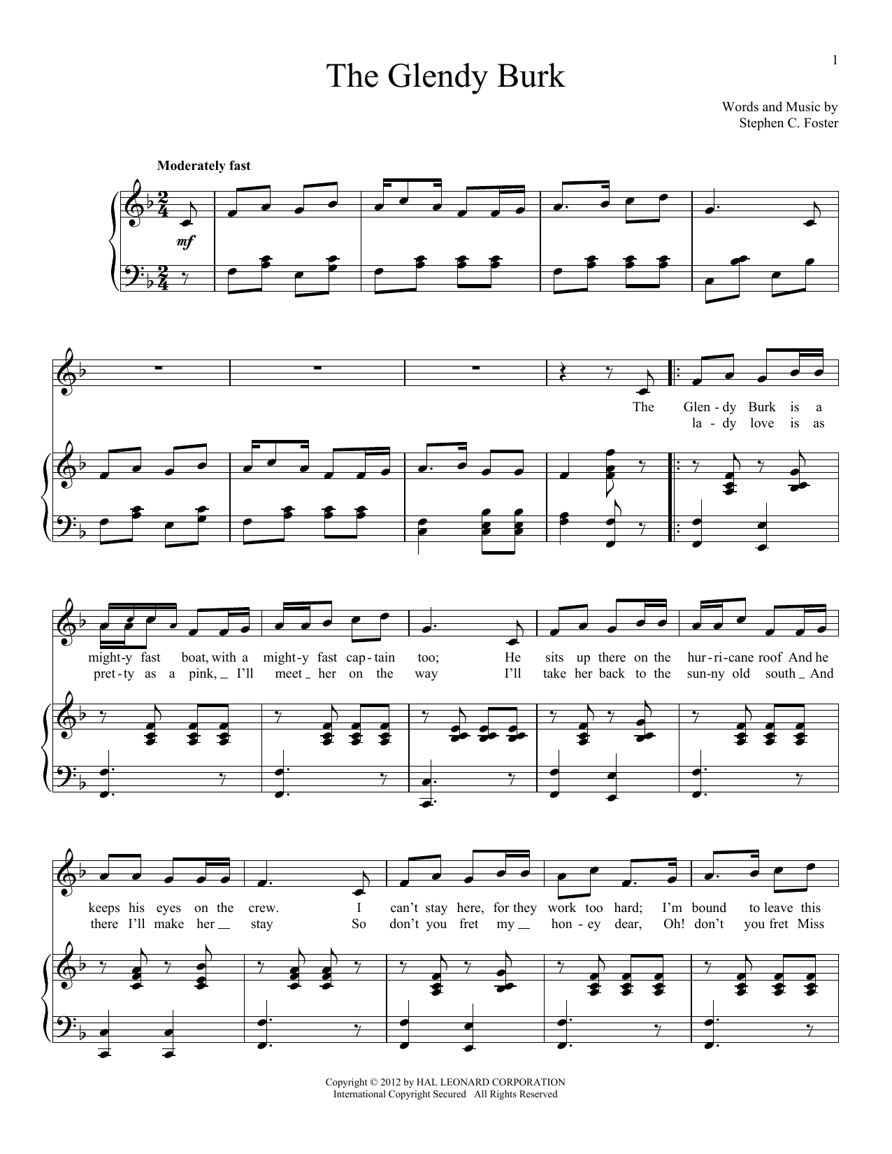 Learn to play Stephen C. Foster The Glendy Burk sheet music for Vocal Duet in minutes. Price: 6.9900$ Stephen C. Foster The Glendy Burk sheet music notes and chords arranged for Vocal Duet