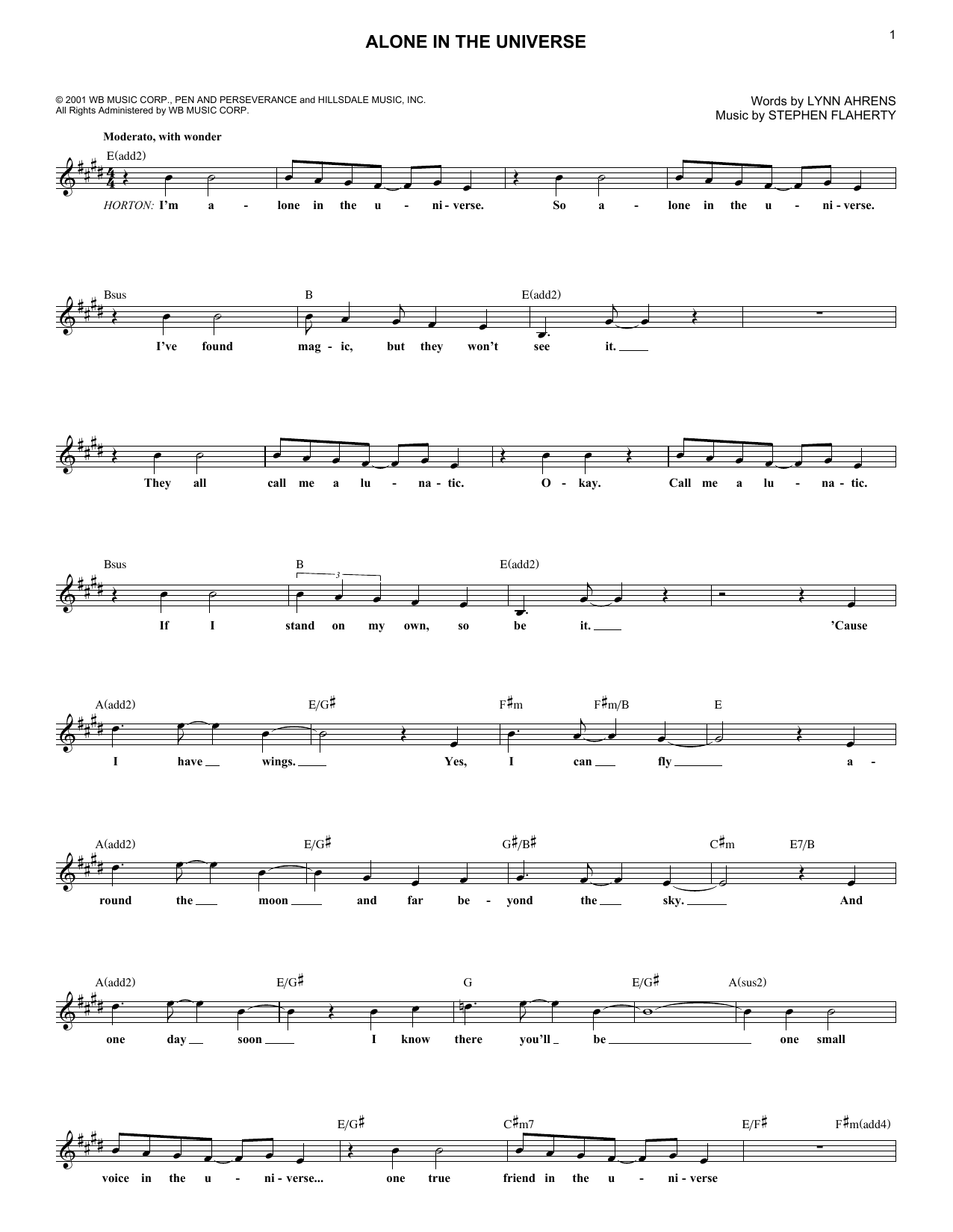 Learn to play Stephen Flaherty Alone In The Universe sheet music for Lead Sheet / Fake Book in minutes. Stephen Flaherty Alone In The Universe sheet music notes and chords. Download Printable PDF.
