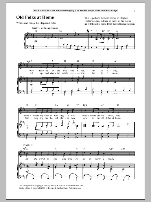 Learn to play Stephen Foster Old Folks At Home sheet music for Piano & Vocal in minutes. Price: 7.8900$ Stephen Foster Old Folks At Home sheet music notes and chords. Download Printable PDF.