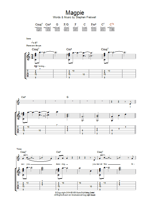 Stephen Fretwell Magpie sheet music notes and chords. Download Printable PDF.