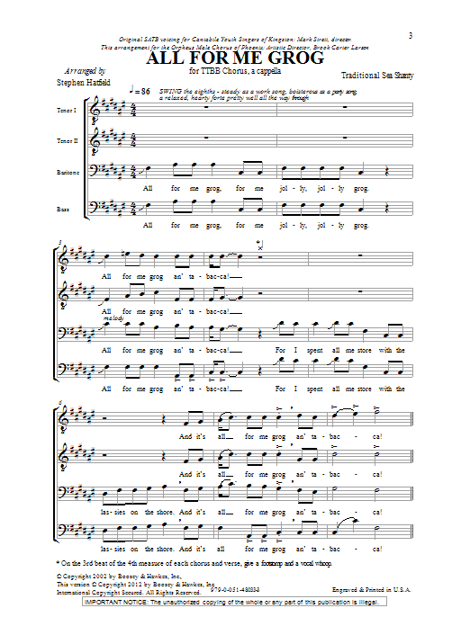 Learn to play Traditional Folksong All For Me Grog (arr. Stephen Hatfield) sheet music for TTBB Choir in minutes. Price: 3.9900$ Traditional Folksong All For Me Grog (arr. Stephen Hatfield) sheet music notes and chords arranged for TTBB Choir