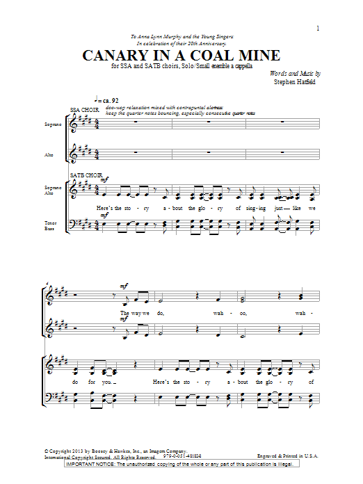 Learn to play Stephen Hatfield Canary In A Coal Mine sheet music for SATB Choir in minutes. Price: 3.9900$ Stephen Hatfield Canary In A Coal Mine sheet music notes and chords arranged for SATB Choir