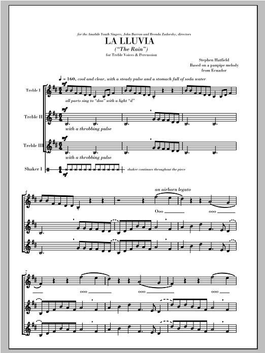 Learn to play Stephen Hatfield La Lluvia (The Rain) sheet music for SSA Choir in minutes. Price: 3.9900$ Stephen Hatfield La Lluvia (The Rain) sheet music notes and chords arranged for SSA Choir