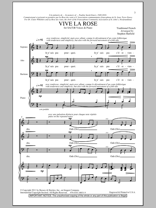 Stephen Hatfield Vive La Rose sheet music notes and chords. Download Printable PDF.