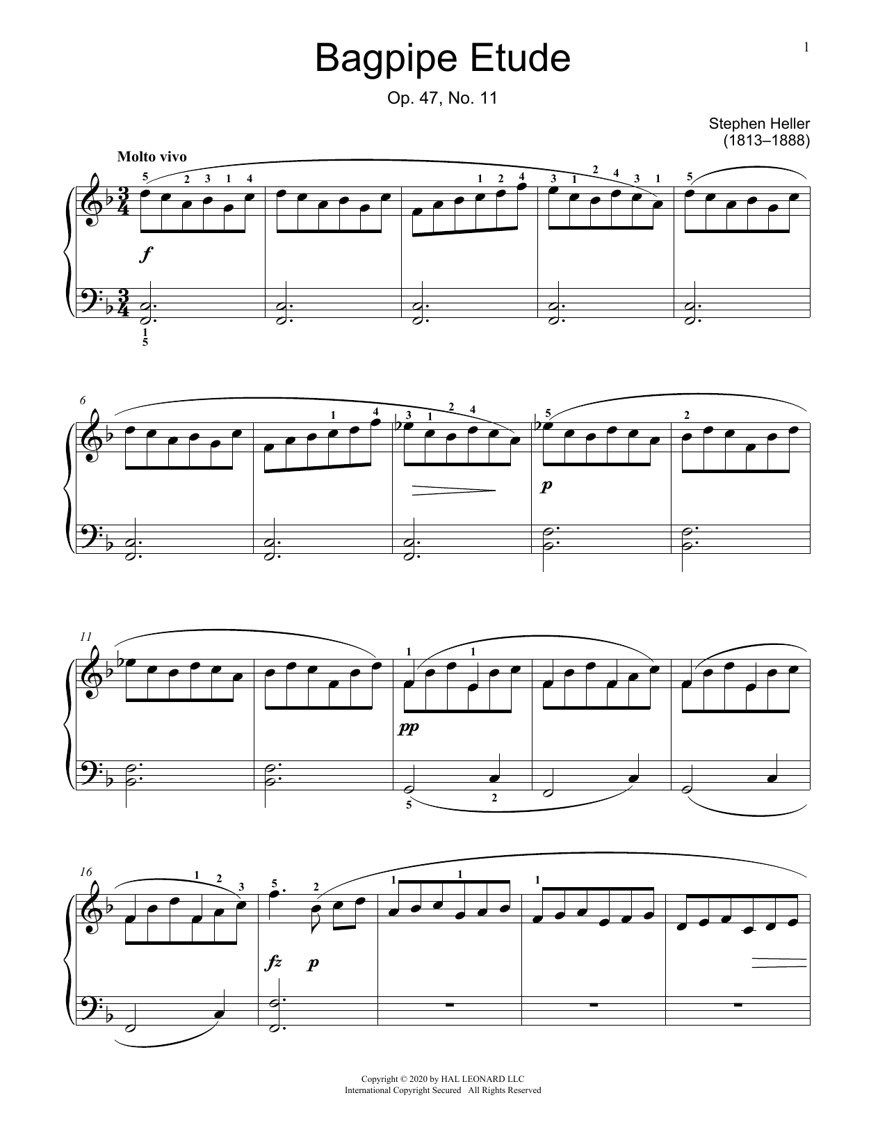 Learn to play Stephen Heller Bagpipe Etude, Op. 47, No. 11 sheet music for Educational Piano in minutes. Price: 6.9900$ Stephen Heller Bagpipe Etude, Op. 47, No. 11 sheet music notes and chords arranged for Educational Piano