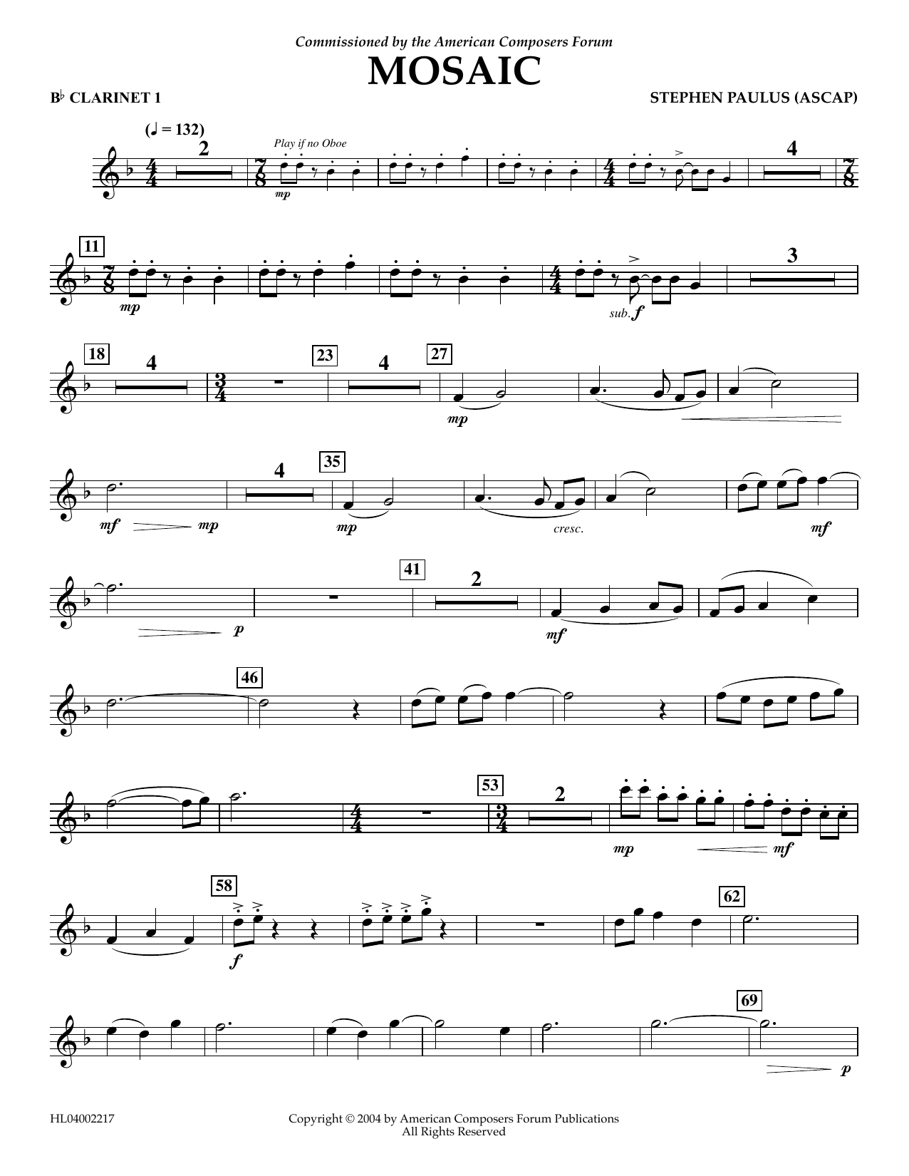 Learn to play Stephen Paulus Mosaic - Bb Clarinet 1 sheet music for Concert Band in minutes. Price: 5.9900$ Stephen Paulus Mosaic - Bb Clarinet 1 sheet music notes and chords arranged for Concert Band