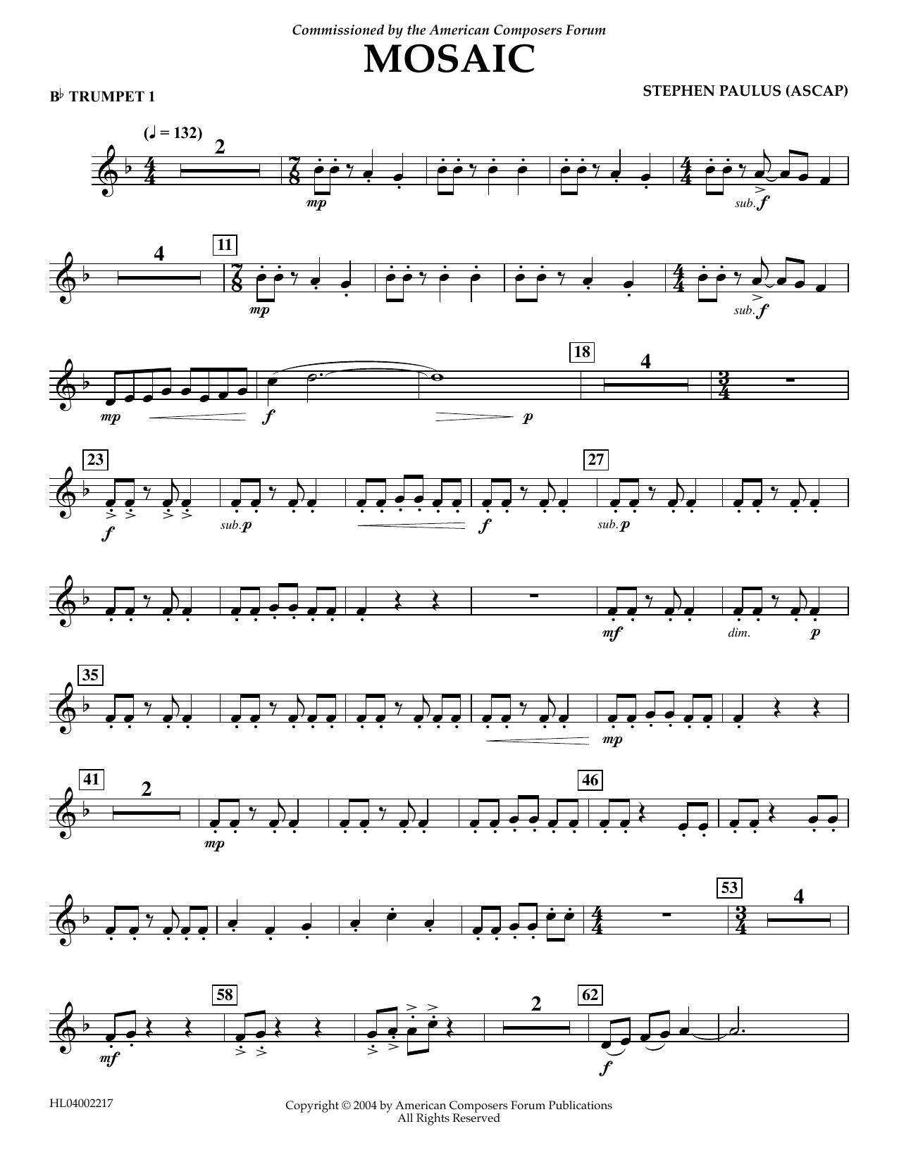 Learn to play Stephen Paulus Mosaic - Bb Trumpet 1 sheet music for Concert Band in minutes. Price: 5.9900$ Stephen Paulus Mosaic - Bb Trumpet 1 sheet music notes and chords arranged for Concert Band