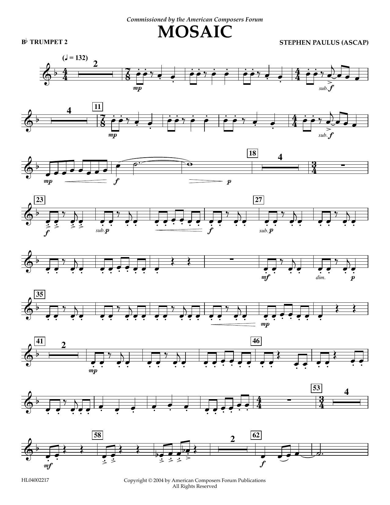 Learn to play Stephen Paulus Mosaic - Bb Trumpet 2 sheet music for Concert Band in minutes. Price: 5.9900$ Stephen Paulus Mosaic - Bb Trumpet 2 sheet music notes and chords arranged for Concert Band