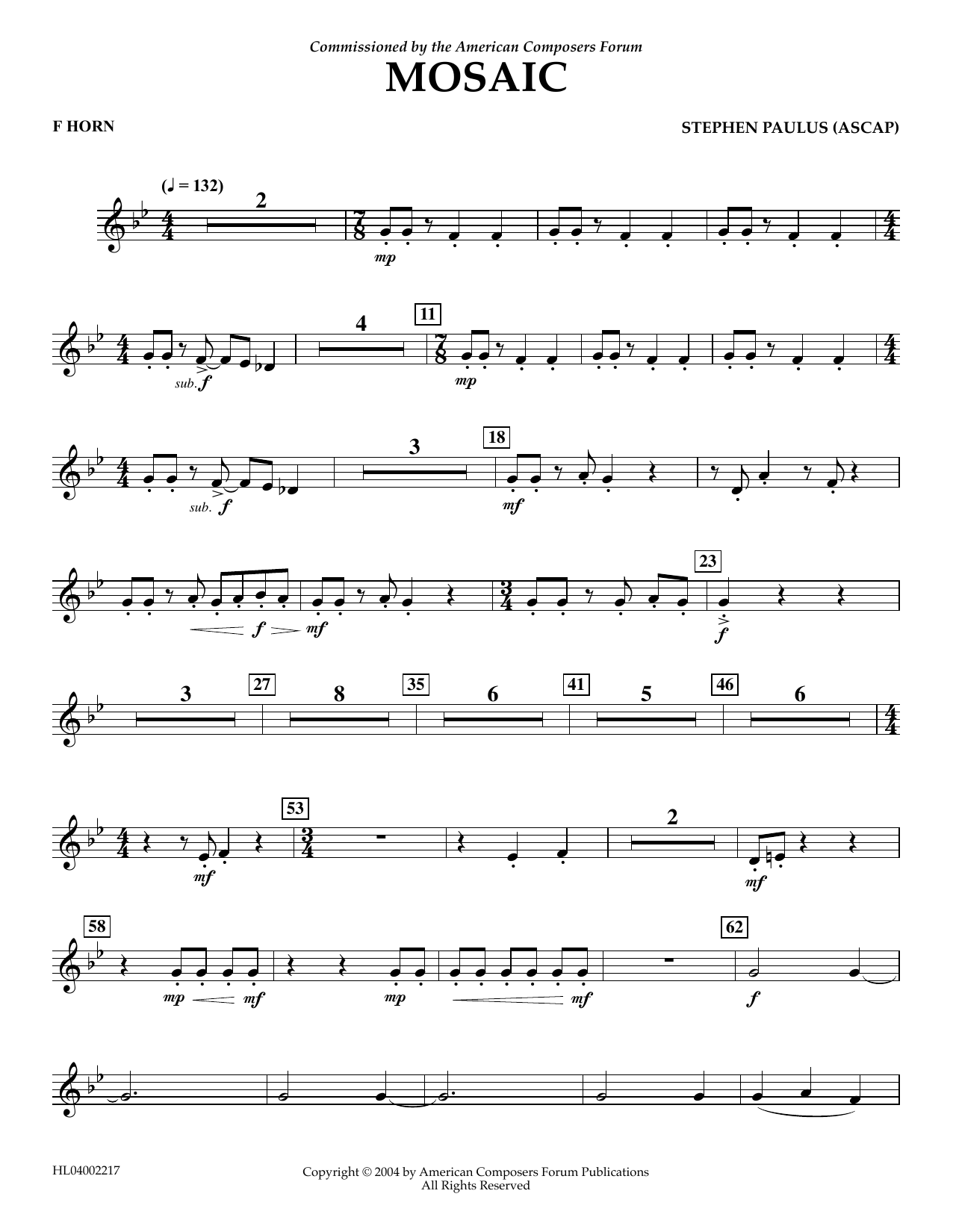 Learn to play Stephen Paulus Mosaic - F Horn sheet music for Concert Band in minutes. Price: 5.9900$ Stephen Paulus Mosaic - F Horn sheet music notes and chords arranged for Concert Band