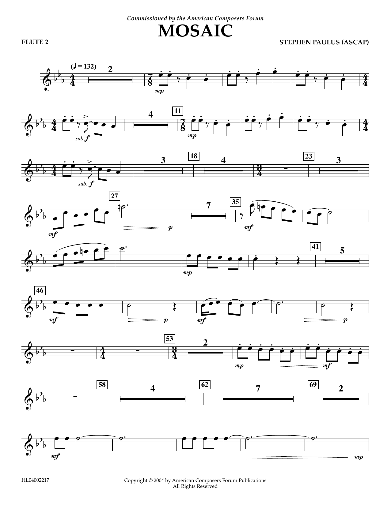 Learn to play Stephen Paulus Mosaic - Flute 2 sheet music for Concert Band in minutes. Price: 5.9900$ Stephen Paulus Mosaic - Flute 2 sheet music notes and chords arranged for Concert Band