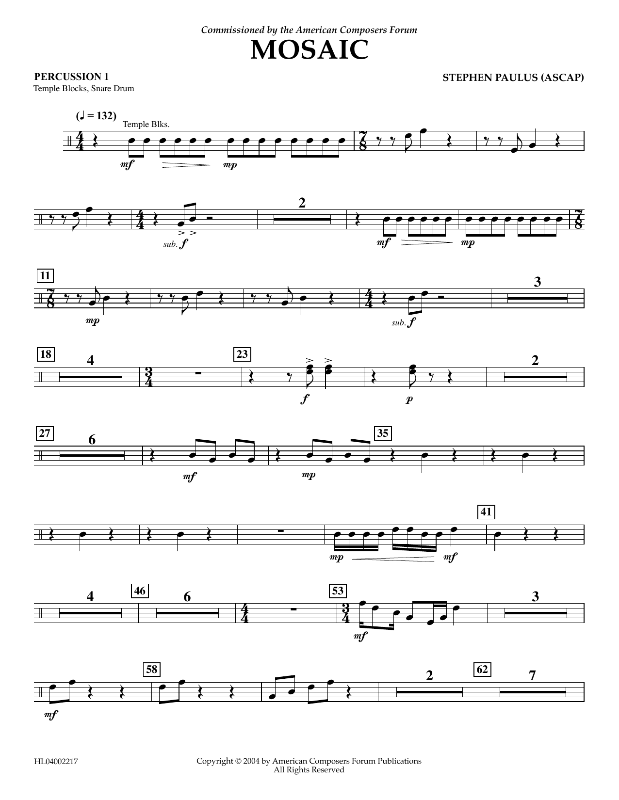 Learn to play Stephen Paulus Mosaic - Percussion 1 sheet music for Concert Band in minutes. Price: 5.9900$ Stephen Paulus Mosaic - Percussion 1 sheet music notes and chords arranged for Concert Band