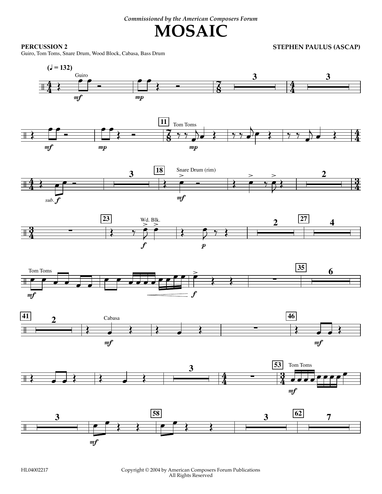 Learn to play Stephen Paulus Mosaic - Percussion 2 sheet music for Concert Band in minutes. Price: 5.9900$ Stephen Paulus Mosaic - Percussion 2 sheet music notes and chords arranged for Concert Band