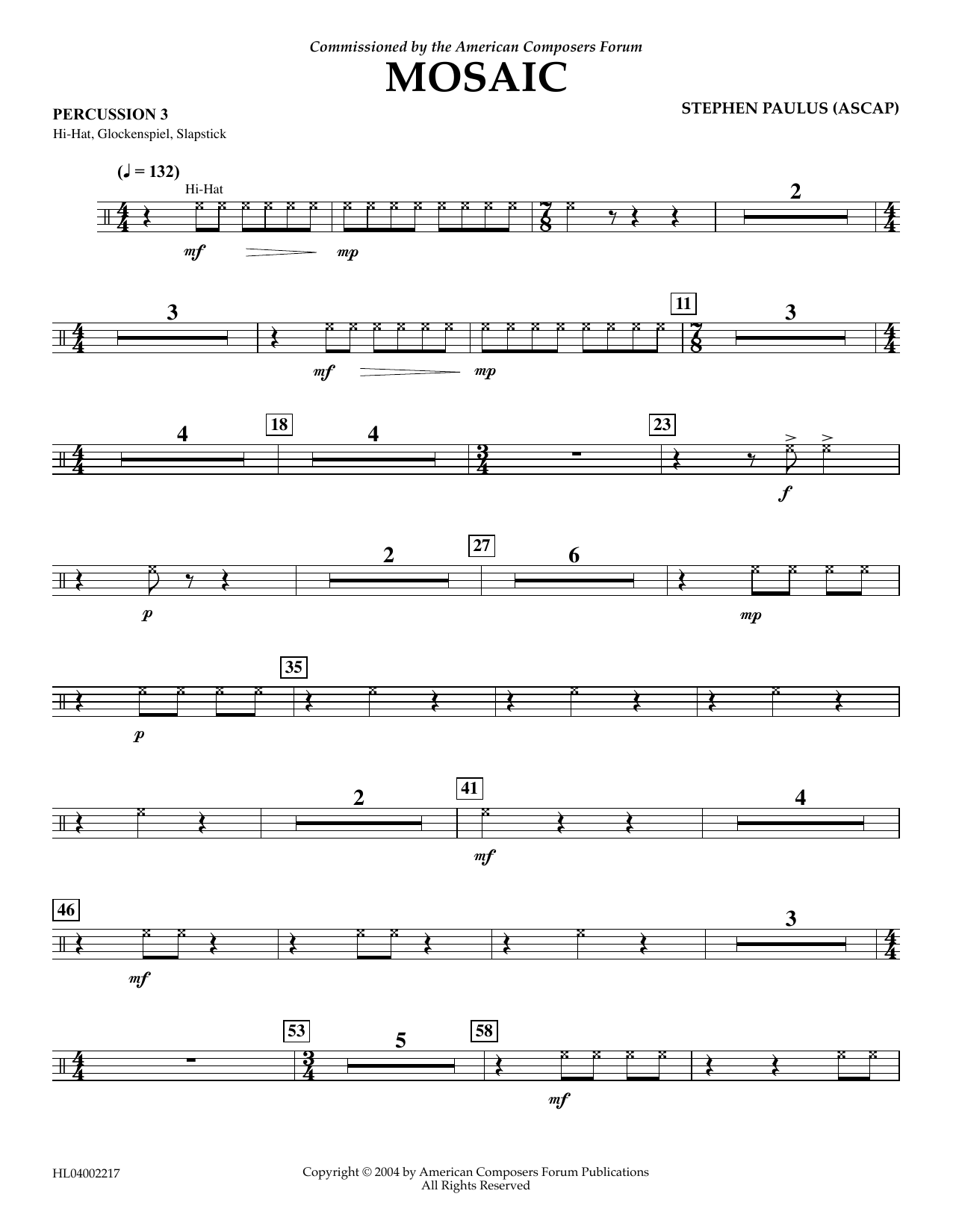 Learn to play Stephen Paulus Mosaic - Percussion 3 sheet music for Concert Band in minutes. Price: 5.9900$ Stephen Paulus Mosaic - Percussion 3 sheet music notes and chords arranged for Concert Band