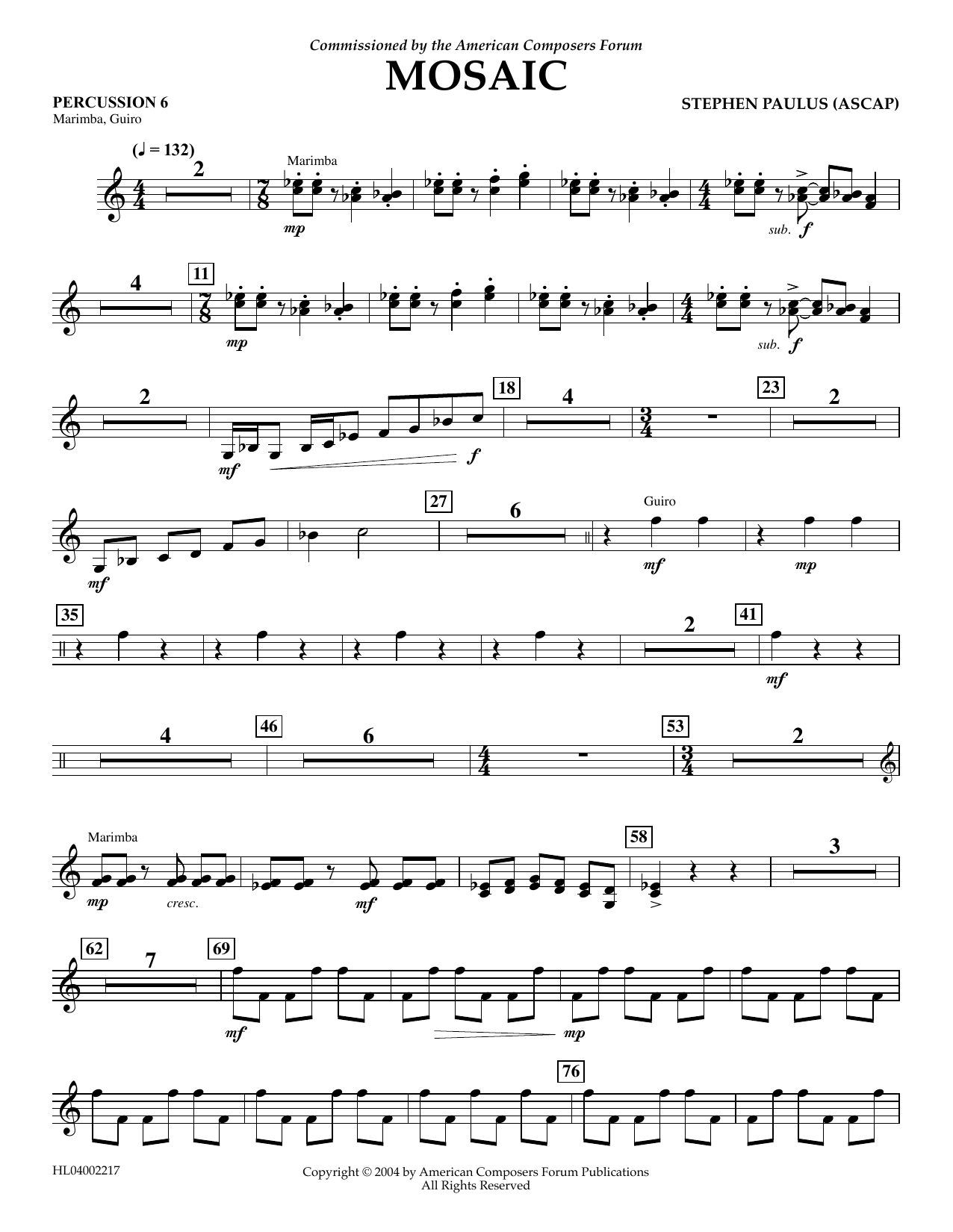 Learn to play Stephen Paulus Mosaic - Percussion 6 sheet music for Concert Band in minutes. Price: 5.9900$ Stephen Paulus Mosaic - Percussion 6 sheet music notes and chords arranged for Concert Band