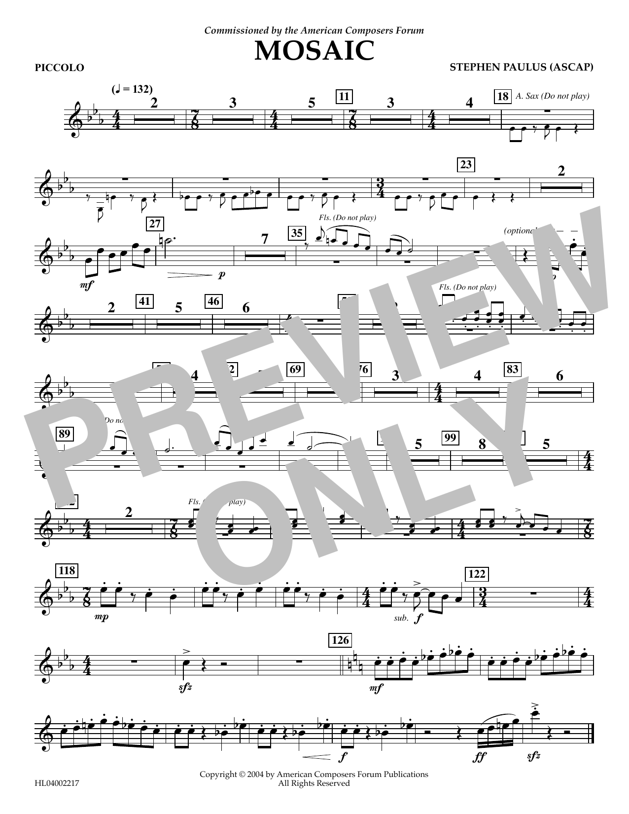 Stephen Paulus Mosaic - Piccolo sheet music notes and chords. Download Printable PDF.