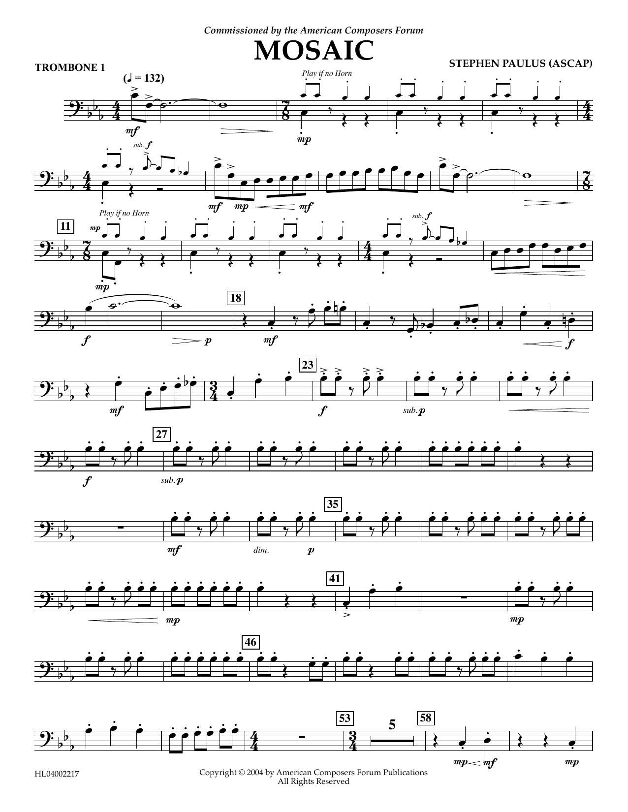 Learn to play Stephen Paulus Mosaic - Trombone 1 sheet music for Concert Band in minutes. Price: 5.9900$ Stephen Paulus Mosaic - Trombone 1 sheet music notes and chords arranged for Concert Band