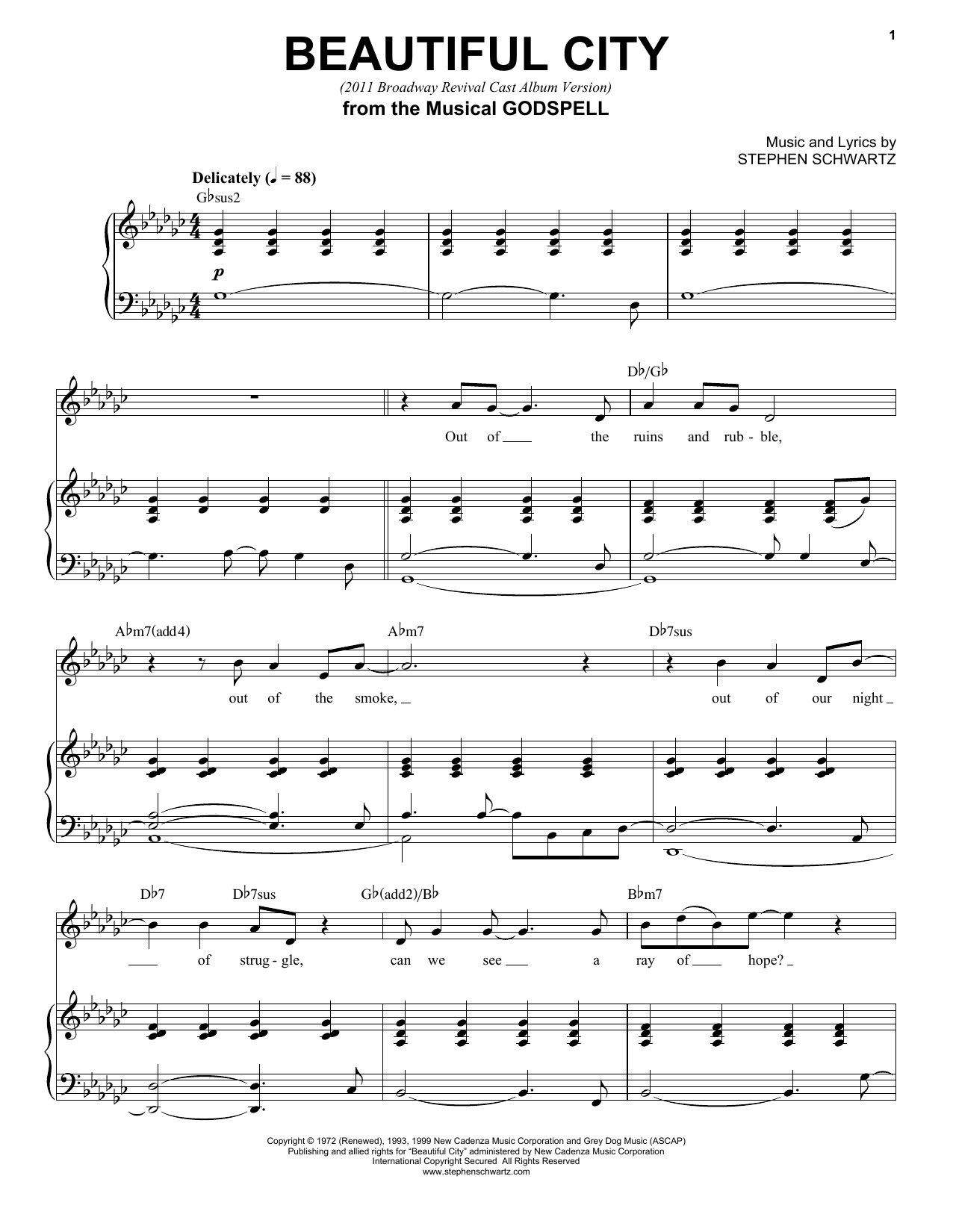 Learn to play Stephen Schwartz Beautiful City (2011 Broadway Revival Cast Album Version) sheet music for Piano, Vocal & Guitar (Right-Hand Melody) in minutes. Stephen Schwartz Beautiful City (2011 Broadway Revival Cast Album Version) sheet music notes and chords