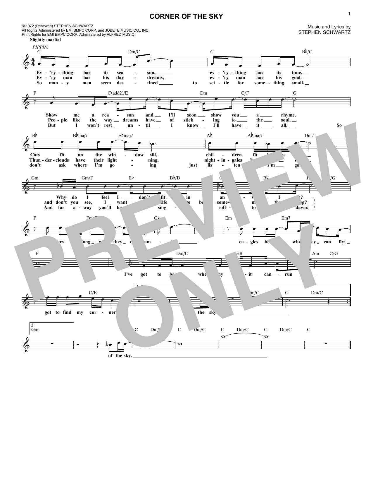 Learn to play Stephen Schwartz Corner Of The Sky sheet music for Lead Sheet / Fake Book in minutes. Price: 5.9900$ Stephen Schwartz Corner Of The Sky sheet music notes and chords arranged for Lead Sheet / Fake Book