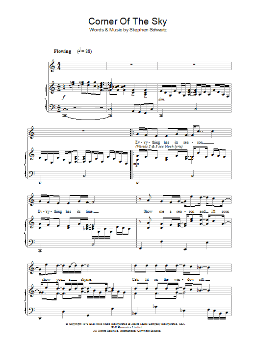 Learn to play Stephen Schwartz Corner Of The Sky (from Pippin) sheet music for Piano & Vocal in minutes. Stephen Schwartz Corner Of The Sky (from Pippin) sheet music notes and chords. Download Printable PDF.