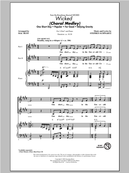 Stephen Schwartz Wicked Choral Medley Arr Mac Huff Sheet Music Pdf Notes Chords Musical Show Score 3 Part Mixed Choir Download Printable Sku 97919