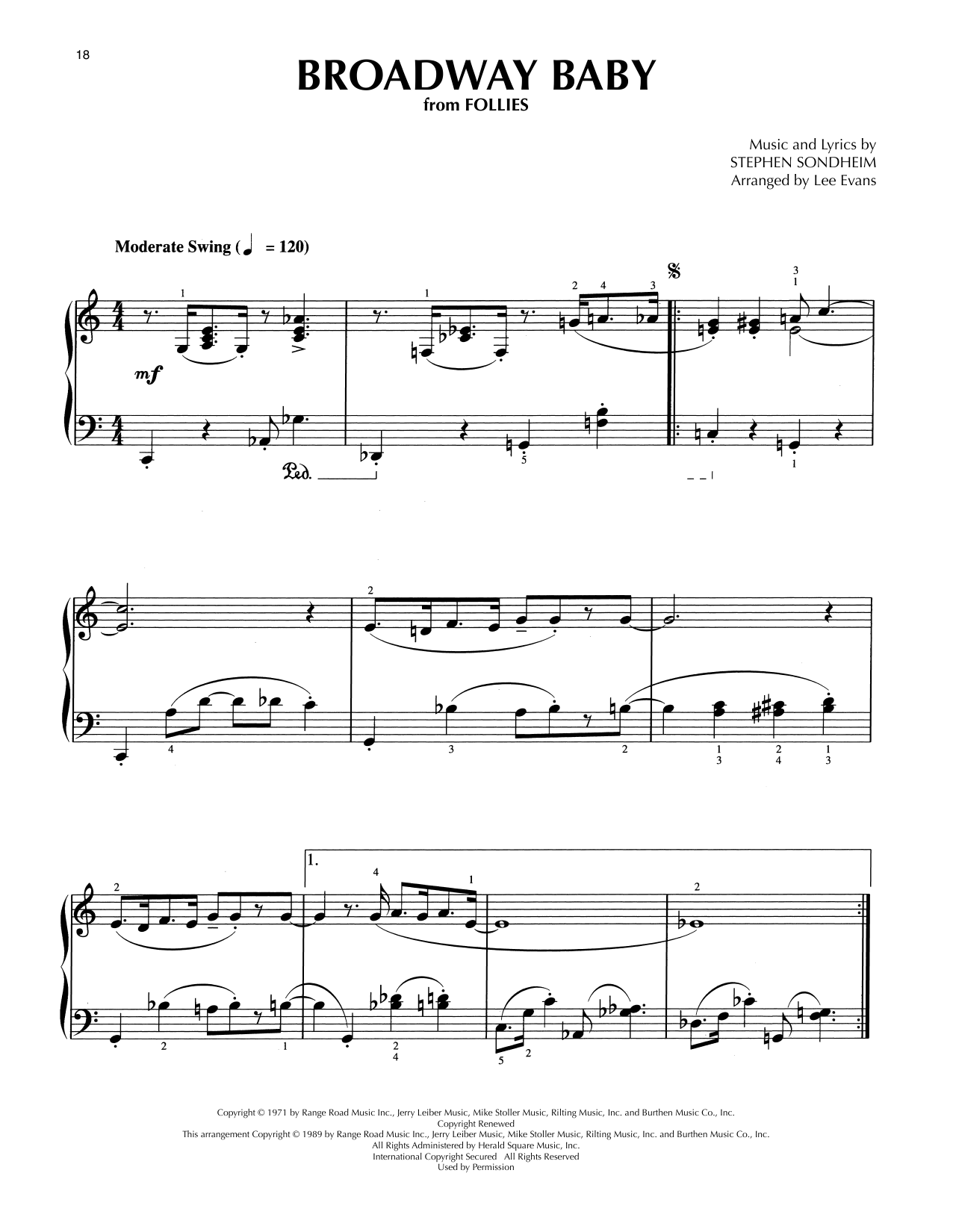 Learn to play Stephen Sondheim Broadway Baby (from Follies) (arr. Lee Evans) sheet music for Piano Solo in minutes. Price: 7.8900$ Stephen Sondheim Broadway Baby (from Follies) (arr. Lee Evans) sheet music notes and chords arranged for Piano Solo