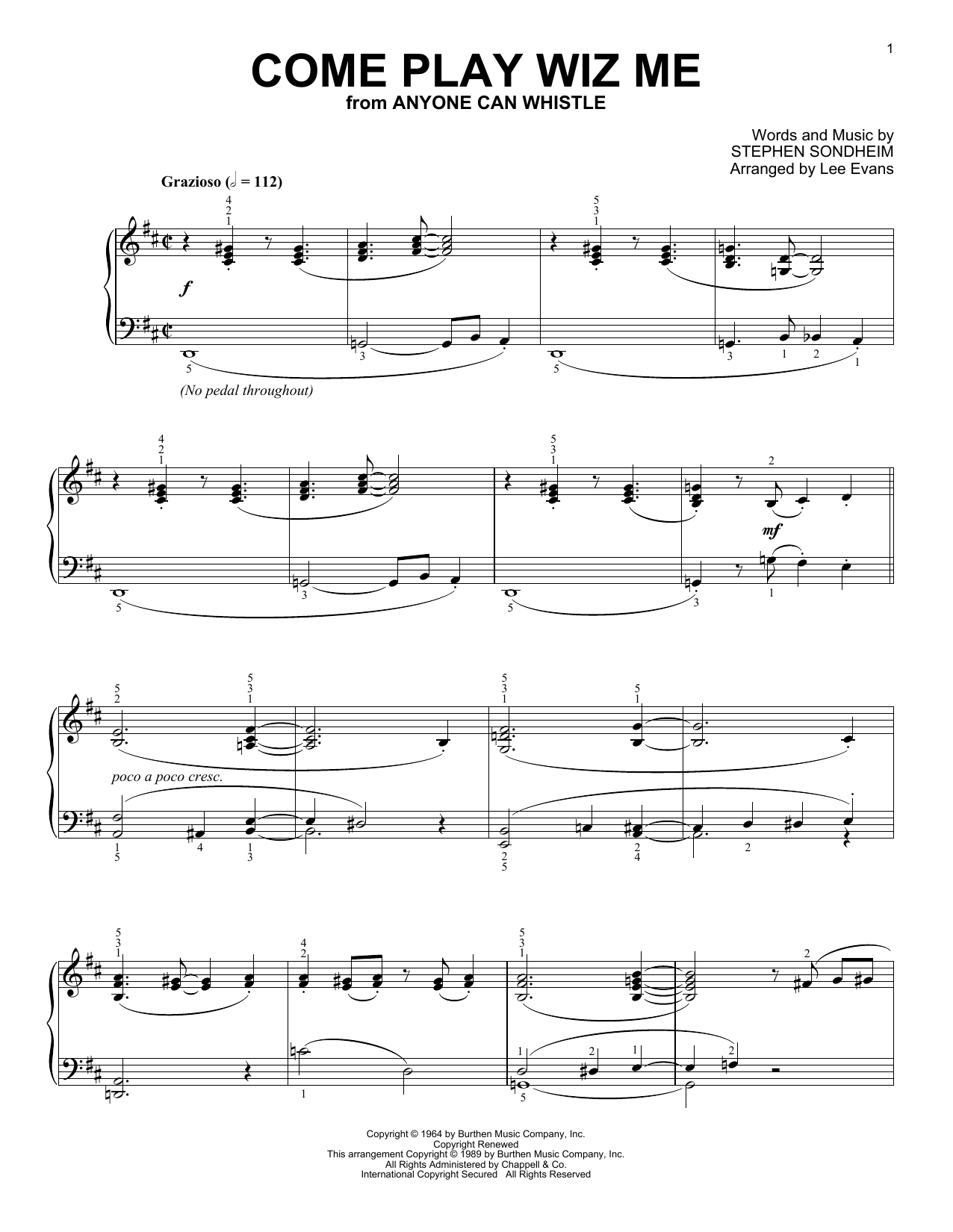 Learn to play Stephen Sondheim Come Play Wiz Me (from Anyone Can Whistle) (arr. Lee Evans) sheet music for Piano Solo in minutes. Price: 7.8900$ Stephen Sondheim Come Play Wiz Me (from Anyone Can Whistle) (arr. Lee Evans) sheet music notes and chords arranged for Piano Solo