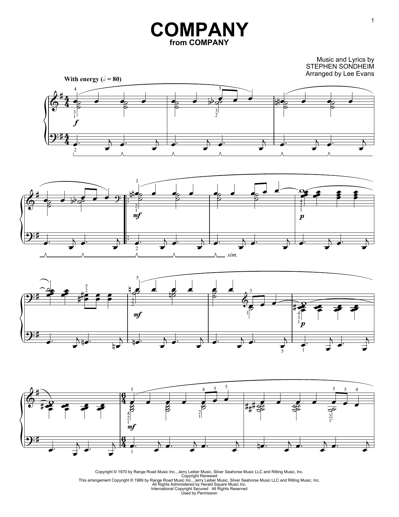 Learn to play Stephen Sondheim Company (from Company) (arr. Lee Evans) sheet music for Piano Solo in minutes. Price: 7.8900$ Stephen Sondheim Company (from Company) (arr. Lee Evans) sheet music notes and chords arranged for Piano Solo