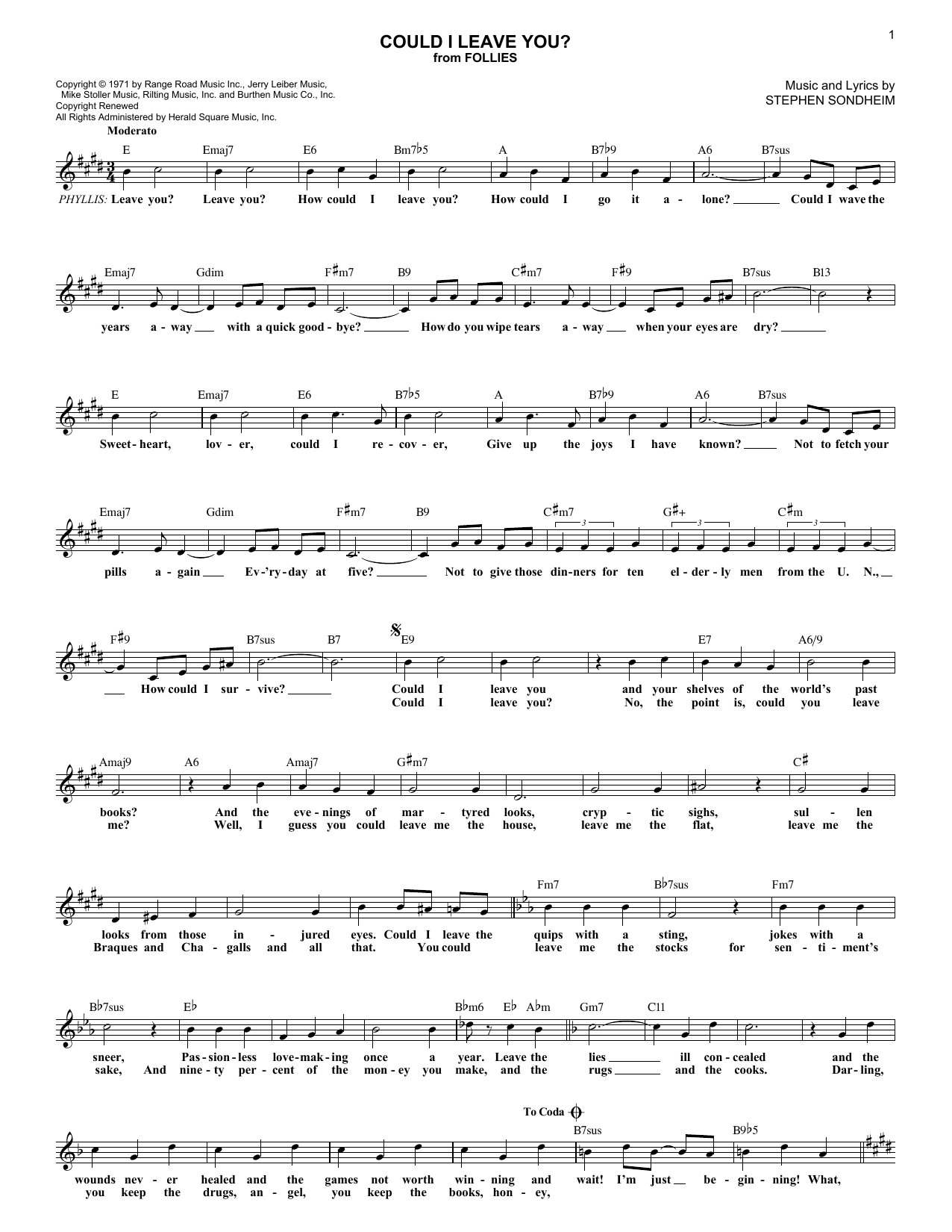 Learn to play Stephen Sondheim Could I Leave You? sheet music for Lead Sheet / Fake Book in minutes. Price: 5.9900$ Stephen Sondheim Could I Leave You? sheet music notes and chords arranged for Lead Sheet / Fake Book