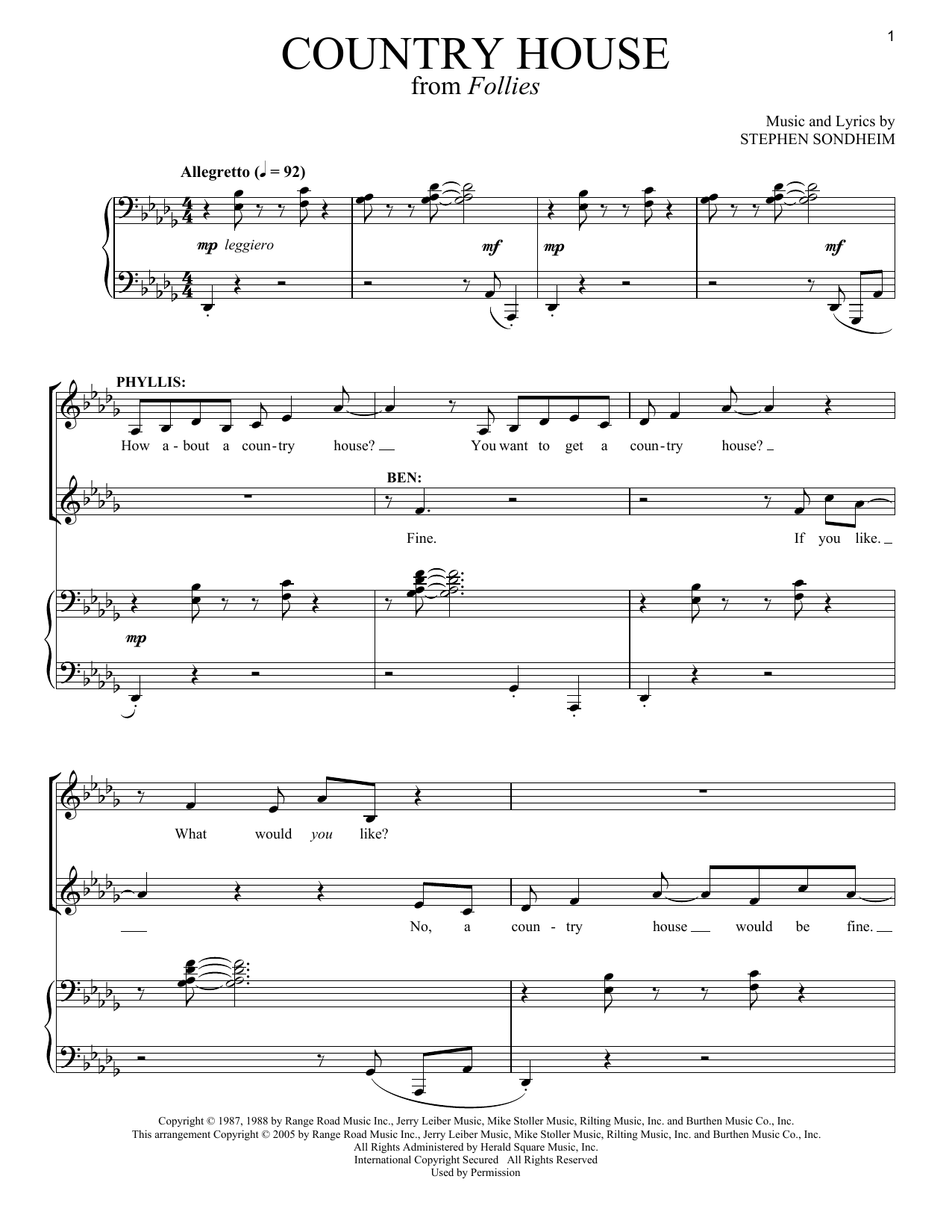 Learn to play Stephen Sondheim Country House (1987) sheet music for Vocal Duet in minutes. Price: 6.9900$ Stephen Sondheim Country House (1987) sheet music notes and chords arranged for Vocal Duet
