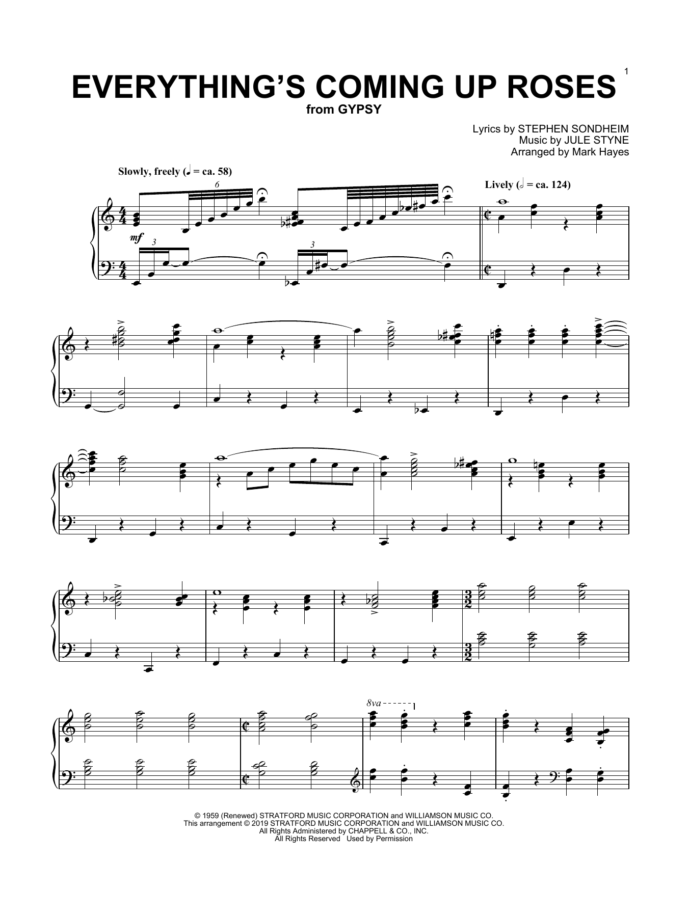 Learn to play Stephen Sondheim Everything's Coming Up Roses (from Gypsy) (arr. Mark Hayes) sheet music for Piano Solo in minutes. Price: 6.9900$ Stephen Sondheim Everything's Coming Up Roses (from Gypsy) (arr. Mark Hayes) sheet music notes and chords arranged for Piano Solo