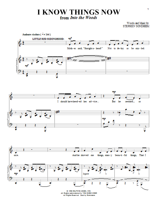 Learn to play Stephen Sondheim I Know Things Now (from Into The Woods) sheet music for Piano & Vocal in minutes. Price: 6.9900$ Stephen Sondheim I Know Things Now (from Into The Woods) sheet music notes and chords. Download Printable PDF.