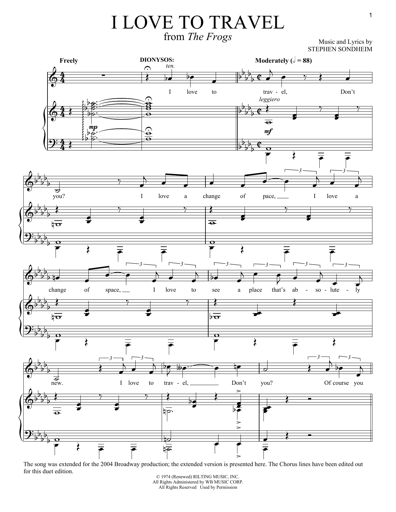 Learn to play Stephen Sondheim I Love To Travel sheet music for Vocal Duet in minutes. Price: 6.9900$ Stephen Sondheim I Love To Travel sheet music notes and chords arranged for Vocal Duet