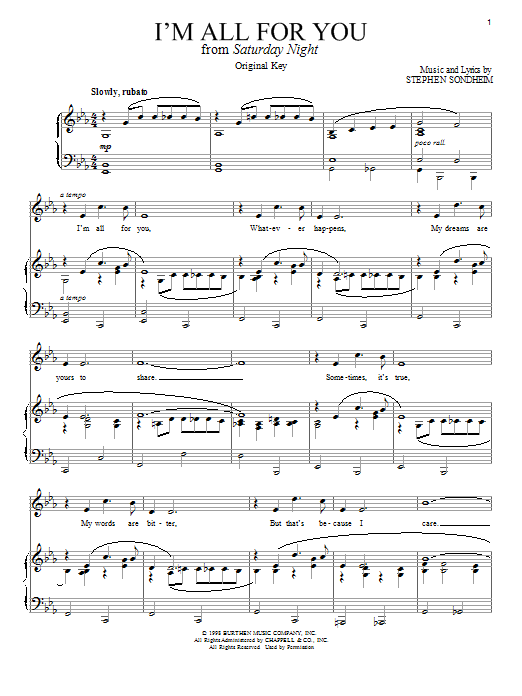Learn to play Stephen Sondheim I'm All For You sheet music for Piano & Vocal in minutes. Stephen Sondheim I'm All For You sheet music notes and chords
