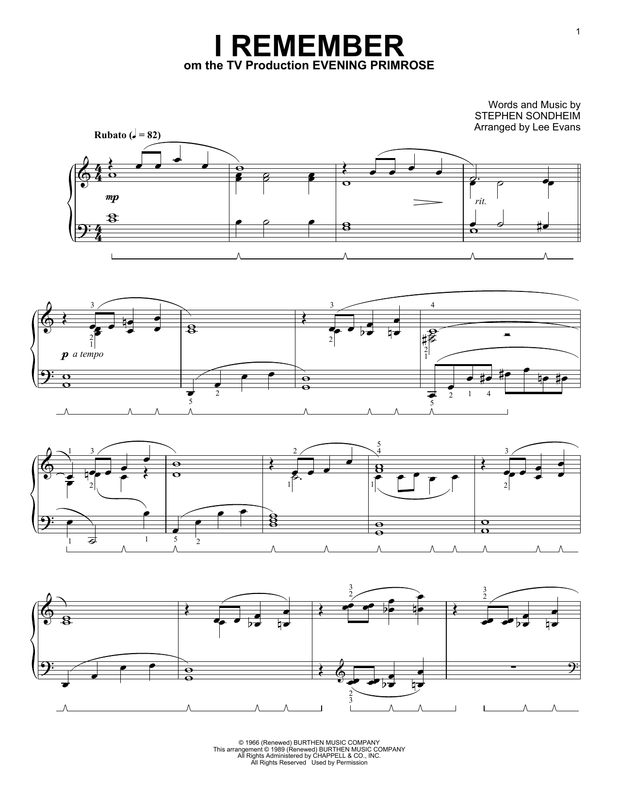 Learn to play Stephen Sondheim I Remember (from Evening Primrose) (arr. Lee Evans) sheet music for Piano Solo in minutes. Price: 7.8900$ Stephen Sondheim I Remember (from Evening Primrose) (arr. Lee Evans) sheet music notes and chords arranged for Piano Solo