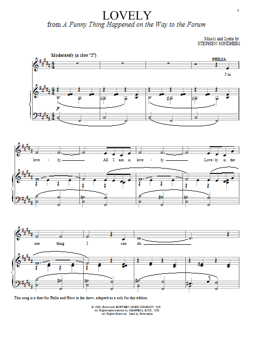 Learn to play Stephen Sondheim Lovely (from A Funny Thing Happened On The Way To The Forum) sheet music for Lead Sheet / Fake Book in minutes. Price: 5.9900$ Stephen Sondheim Lovely (from A Funny Thing Happened On The Way To The Forum) sheet music notes and chords arranged for Lead Sheet / Fake Book