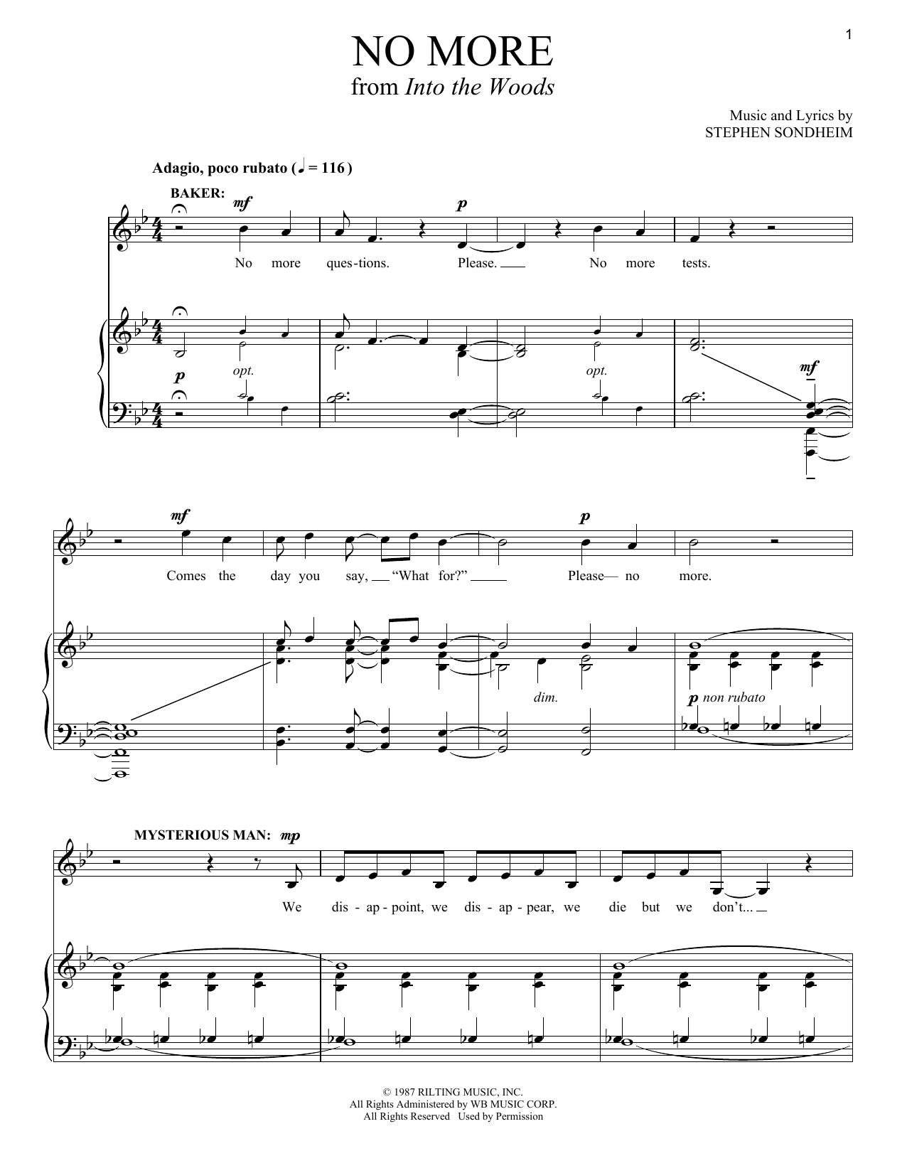 Learn to play Stephen Sondheim No More (from Into The Woods) sheet music for Piano & Vocal in minutes. Price: 6.9900$ Stephen Sondheim No More (from Into The Woods) sheet music notes and chords. Download Printable PDF.