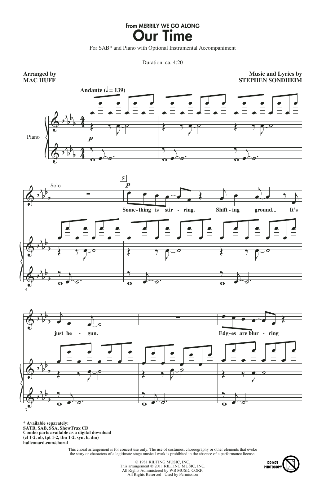 Learn to play Stephen Sondheim Our Time (from Merrily We Roll Along) (arr. Mac Huff) sheet music for SSA Choir in minutes. Price: 3.9900$ Stephen Sondheim Our Time (from Merrily We Roll Along) (arr. Mac Huff) sheet music notes and chords arranged for SSA Choir