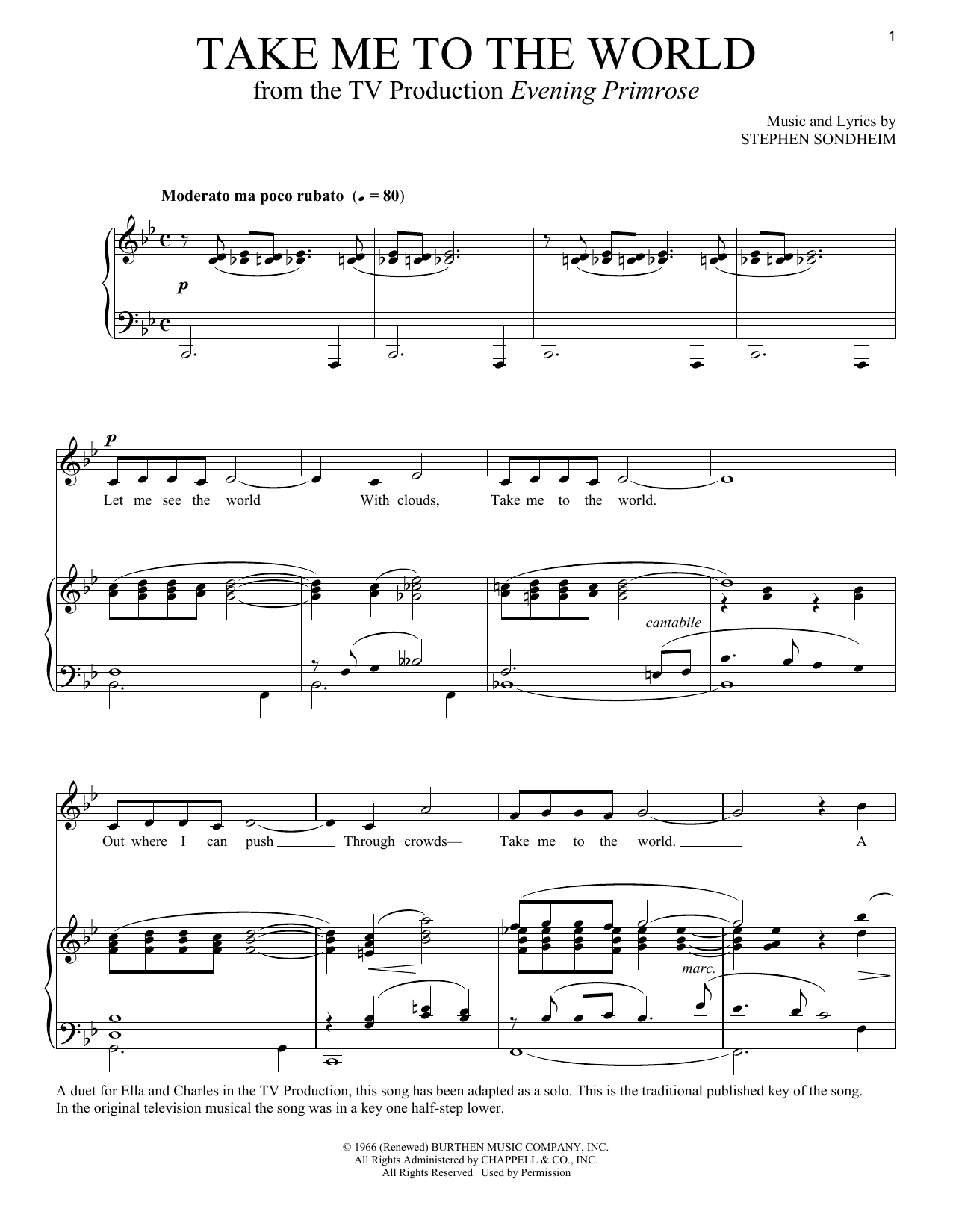 Learn to play Stephen Sondheim Take Me To The World sheet music for Vocal Duet in minutes. Price: 7.7900$ Stephen Sondheim Take Me To The World sheet music notes and chords. Download Printable PDF.