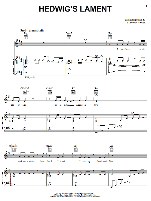 Stephen Trask Hedwig's Lament sheet music notes and chords. Download Printable PDF.