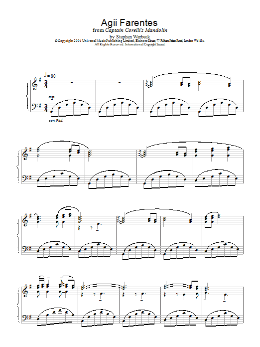 Stephen Warbeck Agii Fanentes (from Captain Corelli's Mandolin) sheet music for Piano Solo in minutes. Price: 7.8900$ Stephen Warbeck Agii Fanentes (from Captain Corelli's Mandolin) sheet music notes and chords. Download Printable PDF.