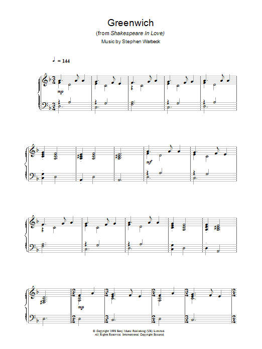 Learn to play Stephen Warbeck Greenwich (from Shakespeare In Love) sheet music for Piano Solo in minutes. Stephen Warbeck Greenwich (from Shakespeare In Love) sheet music notes and chords