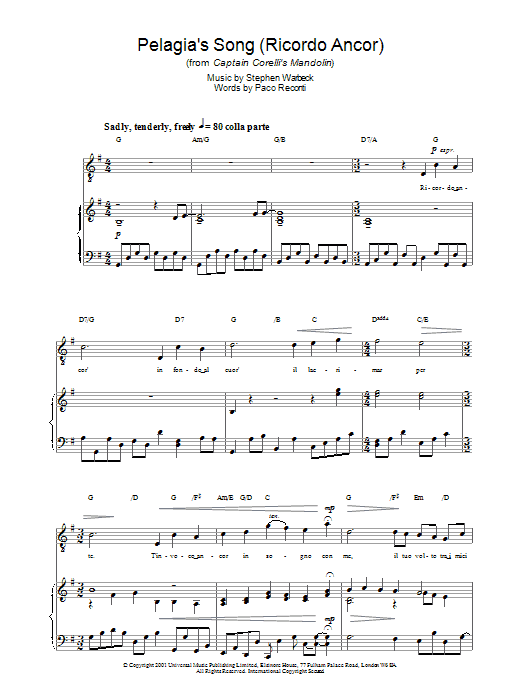 Stephen Warbeck Pelagia's Song (Ricordo Ancor) (from Captain Corelli's Mandolin) sheet music notes and chords. Download Printable PDF.