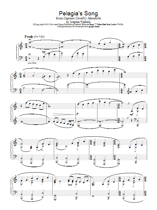 Learn to play Stephen Warbeck Pelagia's Song (Ricordo Ancor) (from Captain Corelli's Mandolin) sheet music for Piano Solo in minutes. Stephen Warbeck Pelagia's Song (Ricordo Ancor) (from Captain Corelli's Mandolin) sheet music notes and chords. Download Printable PDF.