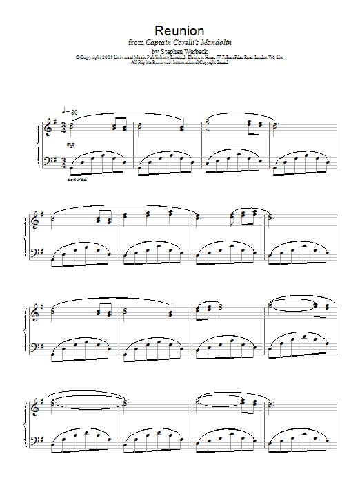 Stephen Warbeck Reunion (from Captain Corelli's Mandolin) sheet music notes and chords. Download Printable PDF.
